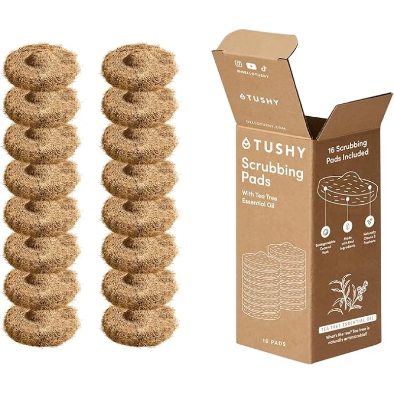 TUSHY Tea Tree Coconut Husk Scrubbing Pads, 16 Pack | Planet Friendly Cleanser-Infused Pads, No Toilet Bowl Cleaner Needed | TUSHY Toilet Brush 2.0 Refills