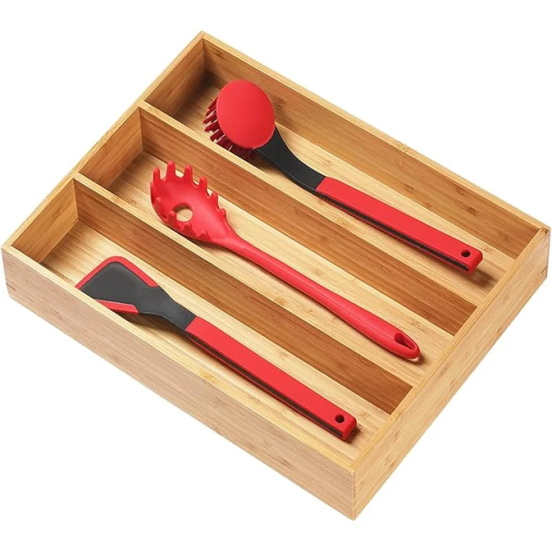 Umilife Bamboo Kitchen Utensils Organizer, 13 Inch Drawer Dividers for Silverware, Extra Deep Holder, with Non-Slip Feet, Wood Caddy for Flatware Cutlery
