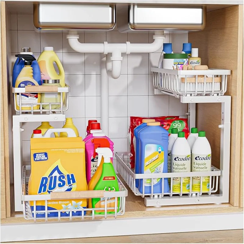 Under Sink Organizer,2 Pack Under Kitchen Sink Organizer,2 Tier Sliding-Out,5 Level Height Adjustable,Thickened Carbon Steel,Anti-rust Treatment,For Kitchen Bathroom White