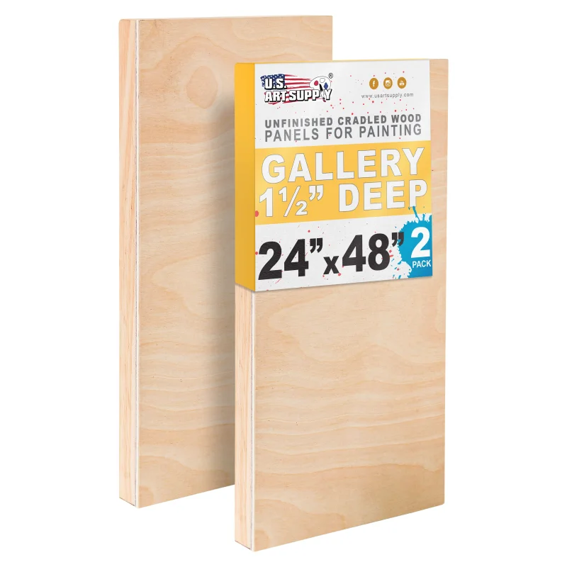 Unfinished Cradled Wood Panels for Painting, 2 Pack of 24x48 inch - Gallery Birch Wooden Canvas Boards 1-1/2" Deep - Mixed-Media Craft, Acrylic, Oil, Encaustic, Paint Pouring
