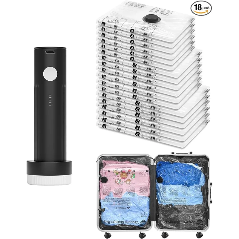Vacuum Bags for Travel with Rechargeable Pump, 18 Combo (6L/6M/6S) Compression Packing Seal Bags for Luggage Suitcase, Space Saver for Clothing and Clothes Storage Travel