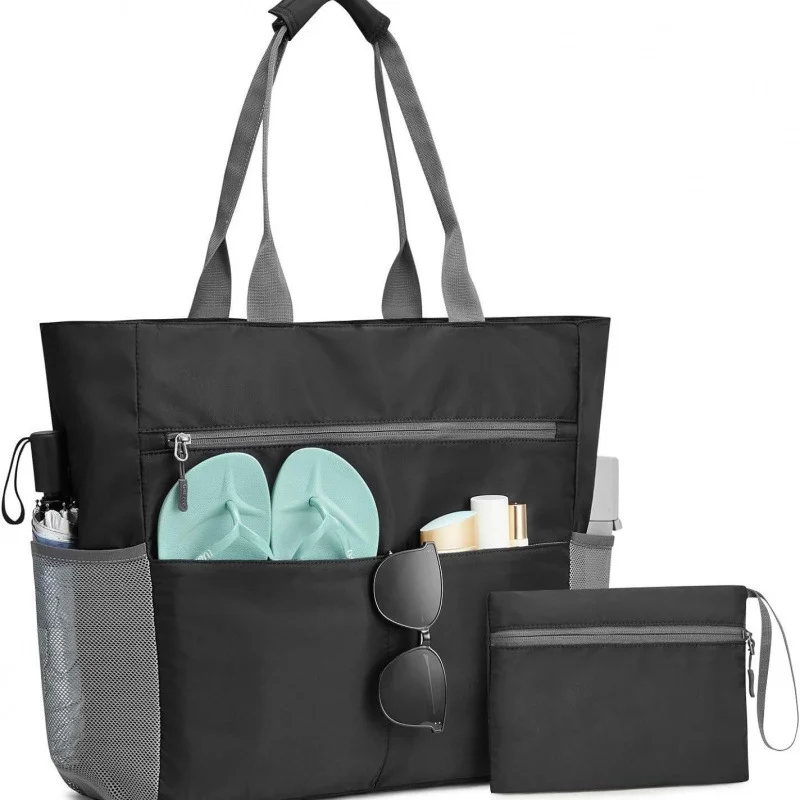 Vepine Ultimate Beach Tote | Extra Large Waterproof Bag with 13 Pockets for Organized Summer Adventures Black