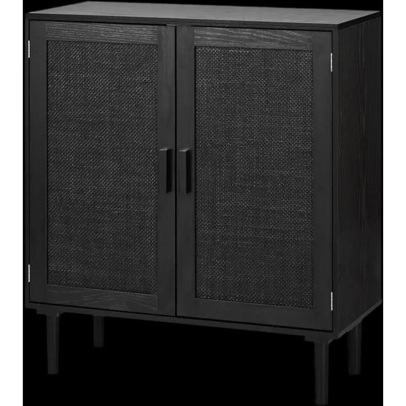 Vevor Accent Cabinet Rattan Storage Cabinet with 2 Magnetic Doors Adjustable Shelves Black New