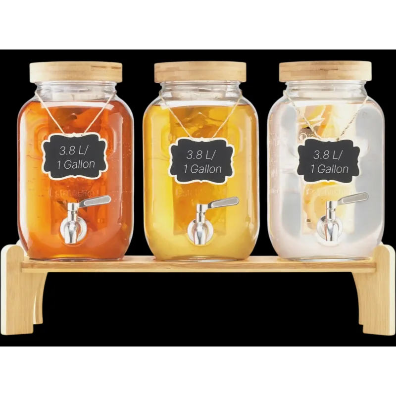 Vevor Beverage Dispenser 3-Pack 1 Gal Glass Drink Dispensers with Wood Stand New