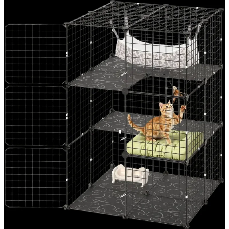 Vevor Cat Cage 3-Tier DIY Cat Playpen with Hammock Indoor Enclosure 27.99" x 27.99" x 40.98" Black New