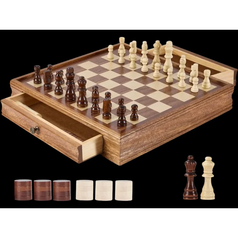 Vevor Chess Set Solid Wood 15" 2-in-1 Chess & Checkers Game with Storage Drawer New
