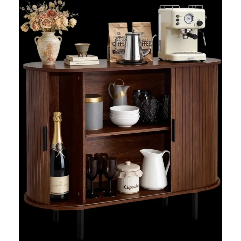 Vevor Coffee Bar Cabinet Mid-Century Fluted Buffet Stand with 2 Sliding Doors Walnut New