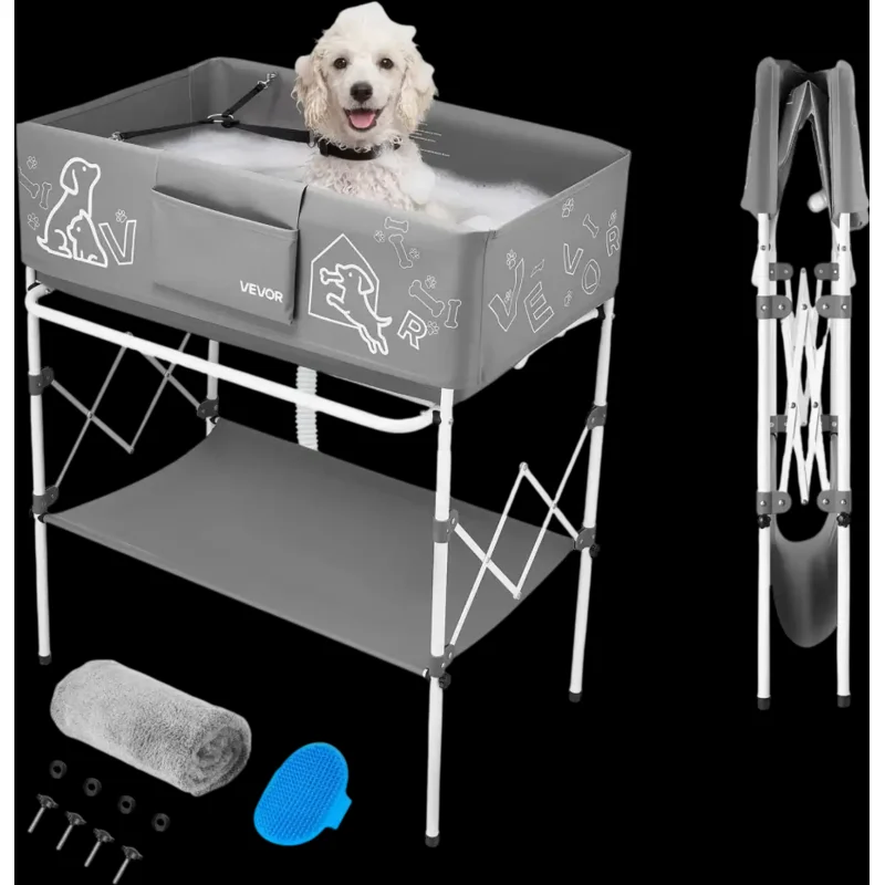 Vevor Dog Bathtub Elevated Foldable Pet Grooming Wash Station Gray New