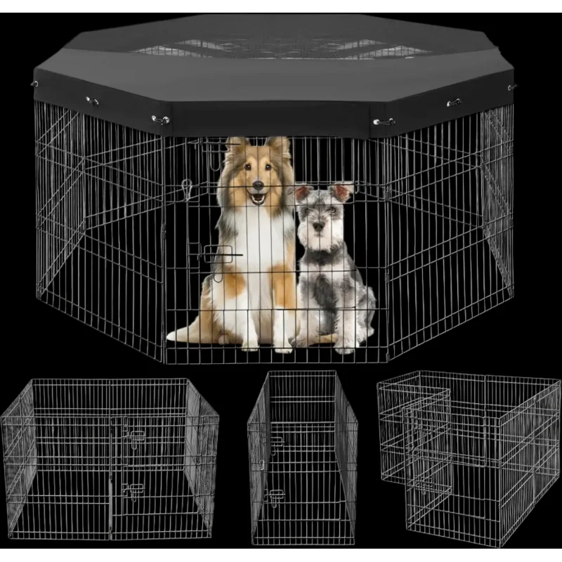 Vevor Dog Playpen Foldable 8-Panel Metal Exercise Pen with Top Cover 30" New