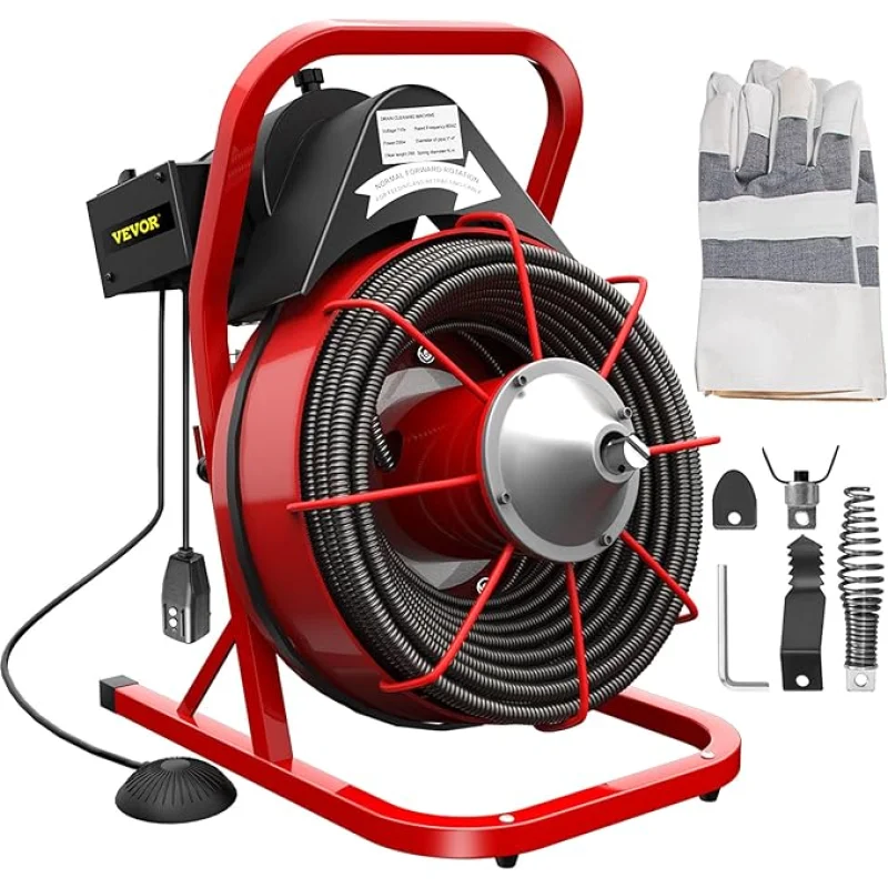 VEVOR Drain Cleaner Machine, 75 Ft x 3/8 Inch, Drain Cleaning Machine Fits 1 to 4 Inch Pipes, Portable Drain Auger Cleaner with 4 Auger Bits, Electric Drain Auger Plumbing Tool