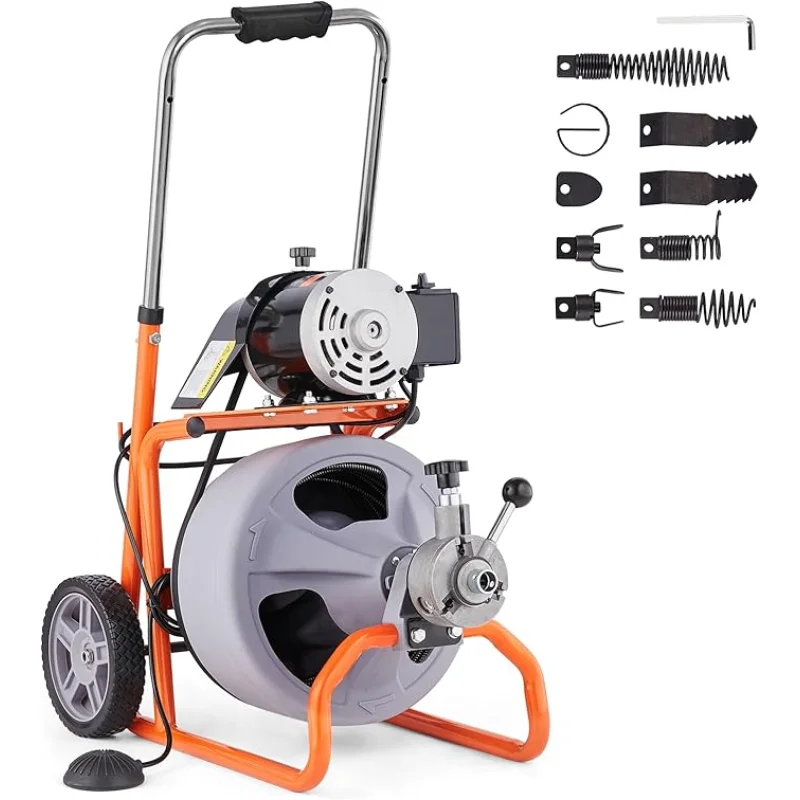 VEVOR Drain Cleaner Machine 75FT x 3/8 Inch, Auto Feed Sewer Snake Drain Auger on Wheels, Portable Drain Cleaning Machine with 8 Cutters & Air-activated Foot Switch for 2" to 4" Pipes