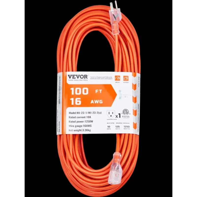 Vevor Extension Cord 100' Indoor Outdoor Lighted End 16 AWG 1250W New