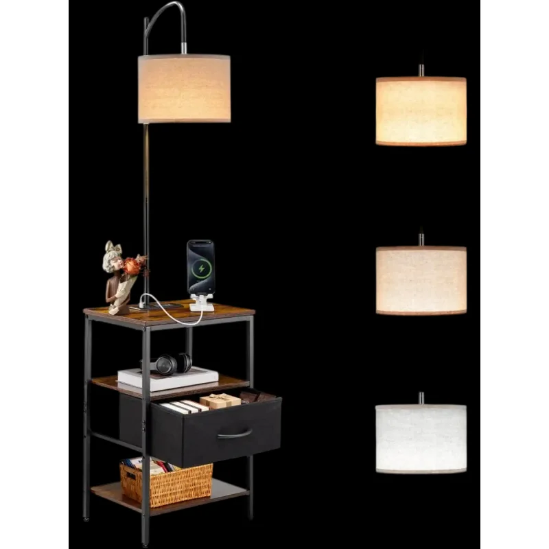 Vevor Floor Lamp with Table 3-Tier End Table with Drawer and 3 Color Temperature Lighting New