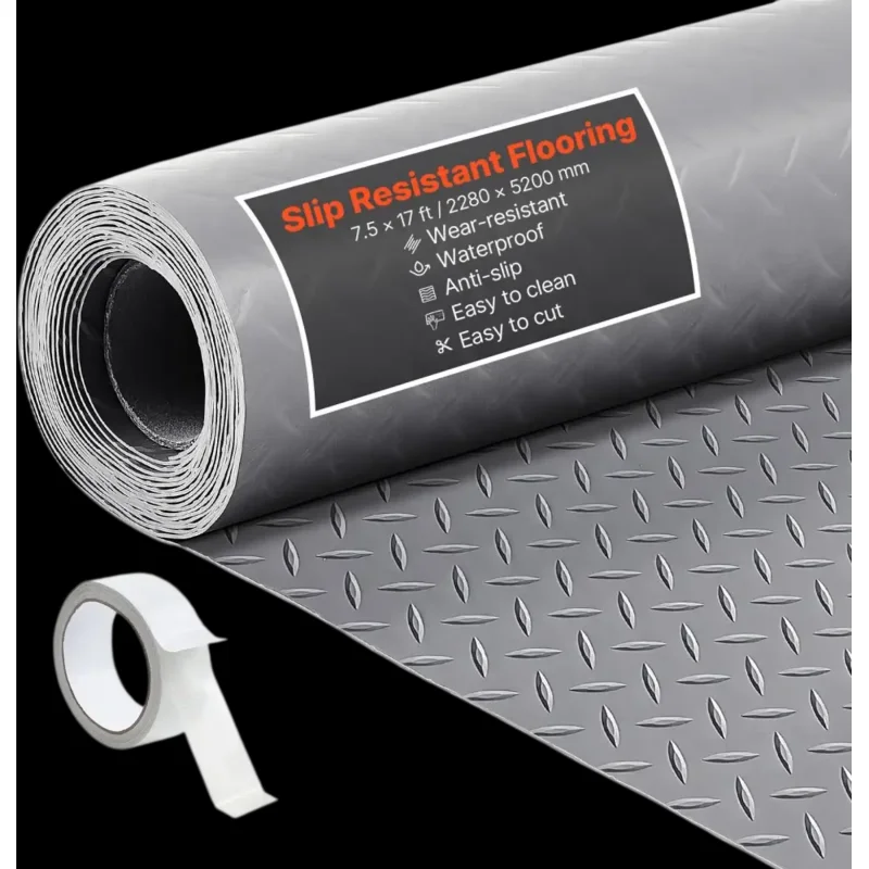 Vevor Garage Floor Roll Diamond Plate PVC Mat 7.5' x 17' Silver Gray New