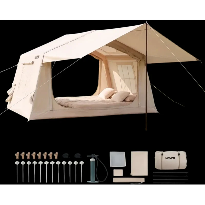 Vevor Inflatable Tent Camping Tent 2-4 Person with Canopy, Skylight, Stove Jack & Mesh Windows New