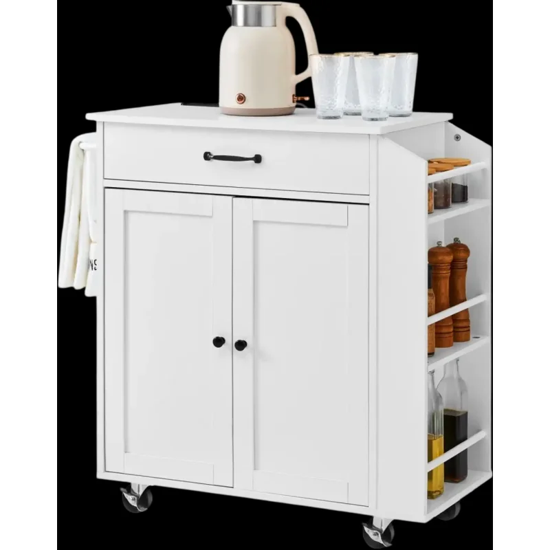 Vevor Kitchen Island Cart Rolling Storage Cabinet with Charging Station White New