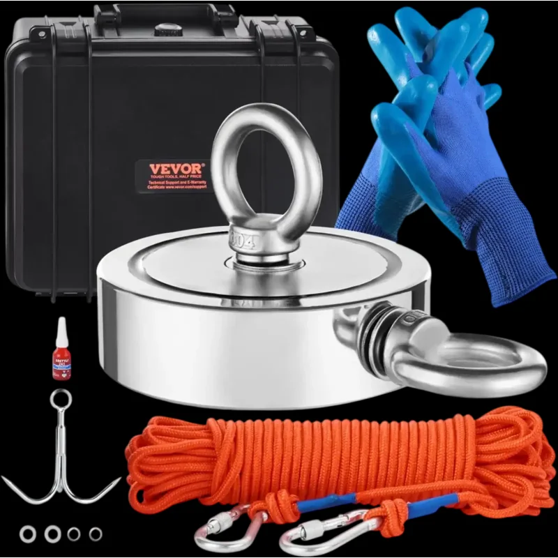 Vevor Magnet Fishing Kit 1400 lbs Double-Sided Neodymium with Rope Gloves and Storage Case New