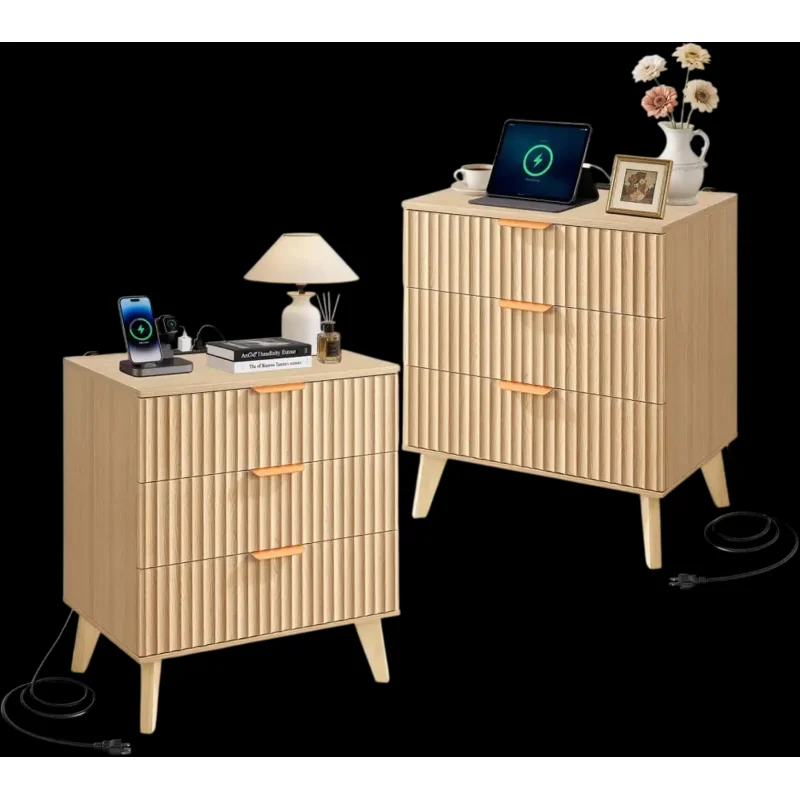 Vevor Nightstand Fluted Charging Station 3-Drawer Set of 2 Khaki New