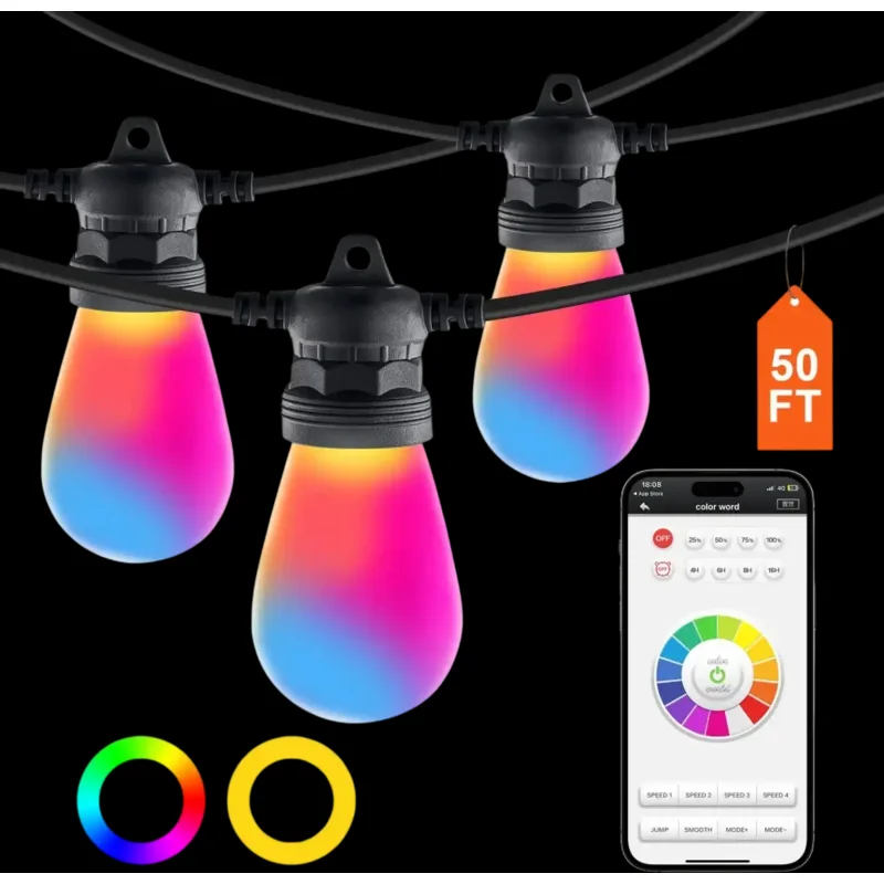 Vevor Outdoor String Lights 50' RGB App-Control Patio Lights New