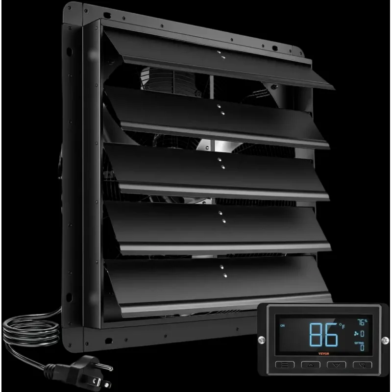 Vevor Shutter Exhaust Fan 24" Wall Mounted Automatic Louvers EC Motor Steel Housing Temperature & Humidity Controller Black New