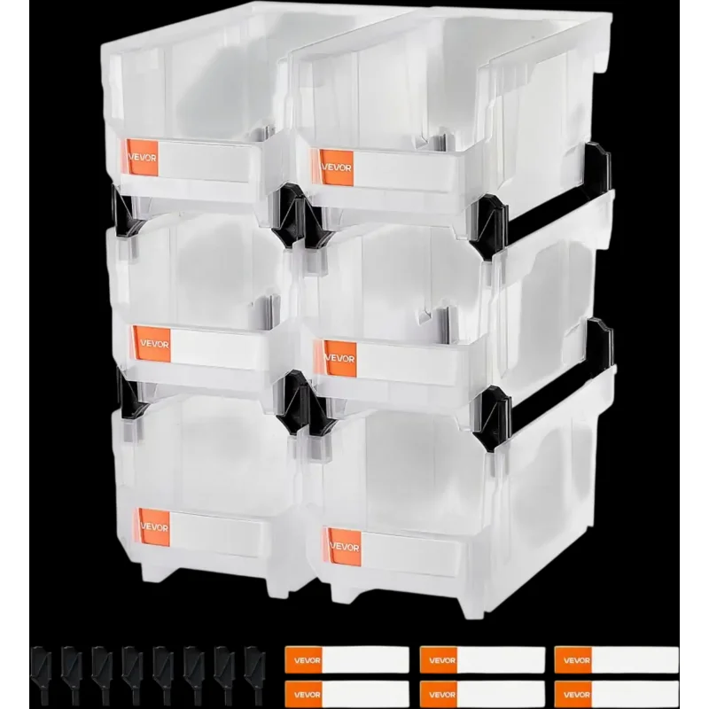 Vevor Storage Bins Plastic Stackable Transparent 6 Pack 14.8" x 8.5" x 7.1" New