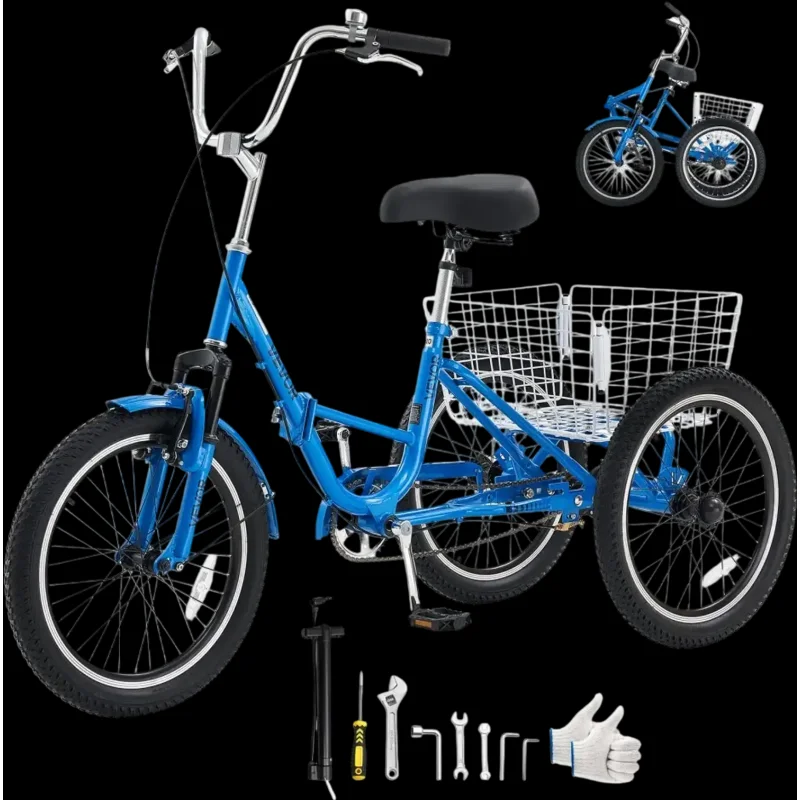 Vevor Tricycle Folding Adult 20" 3-Wheel Cruiser Bike with Cargo Basket Blue New