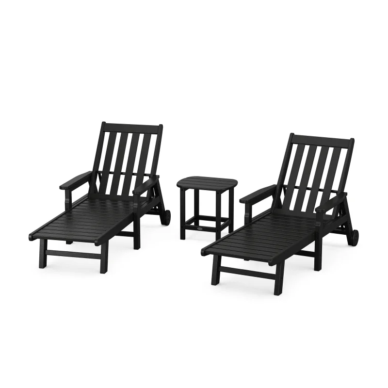 Vineyard 3-Piece Chaise with Arms and Wheels Set Black