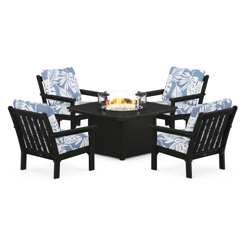 Vineyard 5-Piece Conversation Set with Fire Pit Table Black
