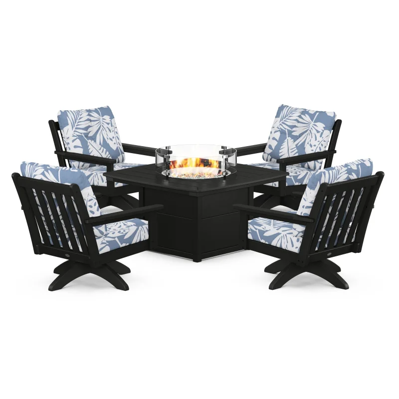 Vineyard 5-Piece Deep Seating Swivel Conversation Set with Fire Pit Table Black