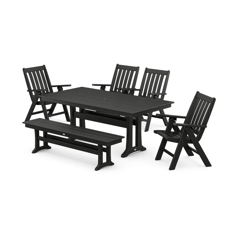 Vineyard 6-Piece Folding Chair Farmhouse Dining Set with Trestle Legs and Bench Black