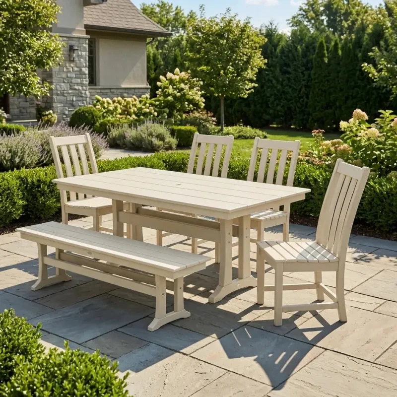 Vineyard 6 Piece Side Chair Farmhouse Dining Set W/ Trestle Legs & Bench Slate Grey
