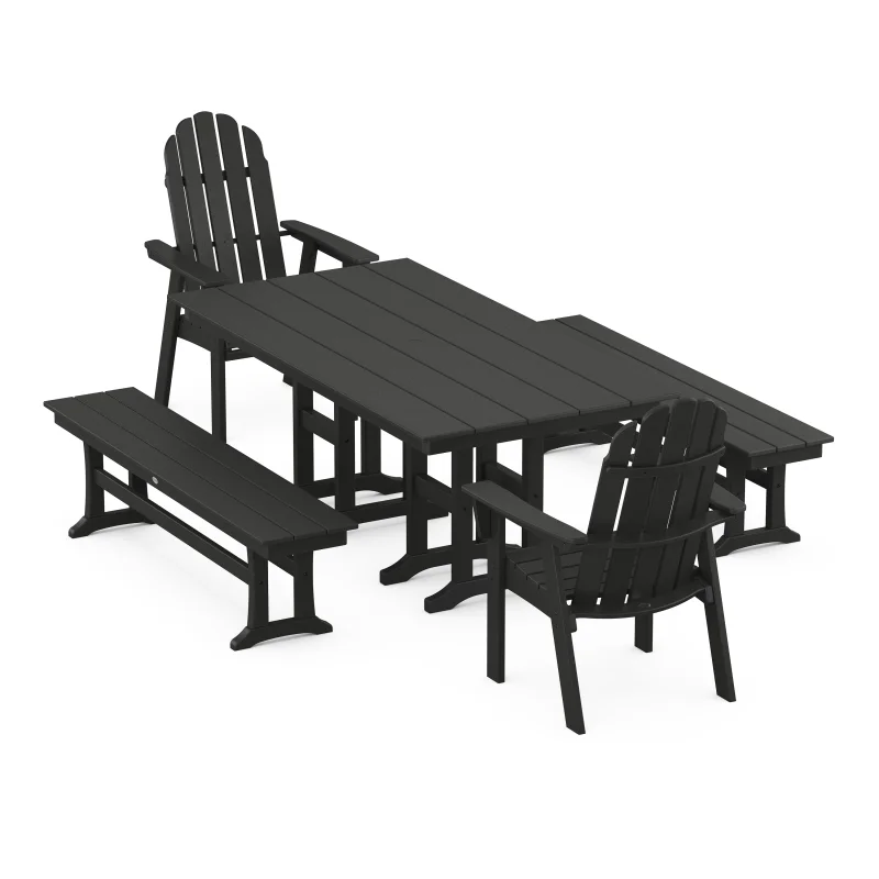 Vineyard Curveback Adirondack 5-Piece Farmhouse Dining Set with Benches Black