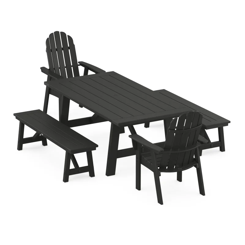 Vineyard Curveback Adirondack 5-Piece Rustic Farmhouse Dining Set With Benches Black