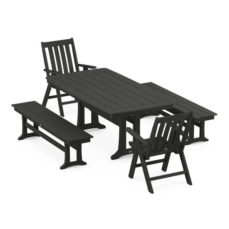 Vineyard Folding Chair 5-Piece Dining Set with Trestle Legs and Benches Black