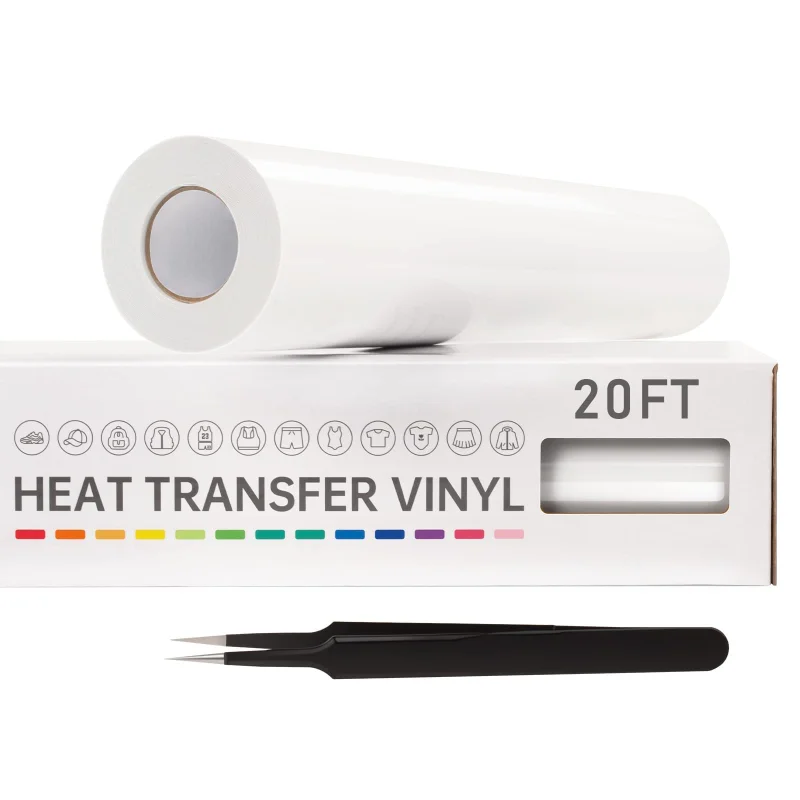 VinylRus Heat Transfer Vinyl-12 x 20ft White Iron on Vinyl Roll for Shirts, HTV Vinyl for Silhouette Cameo, Easy to Cut & Weed