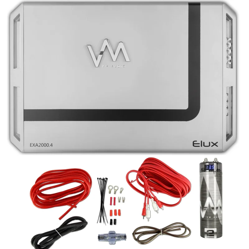 VM Audio EXA2400.2 2400W 2 Channel Amp + 8 Gauge Red Wiring Kit + 2.0 Capacitor