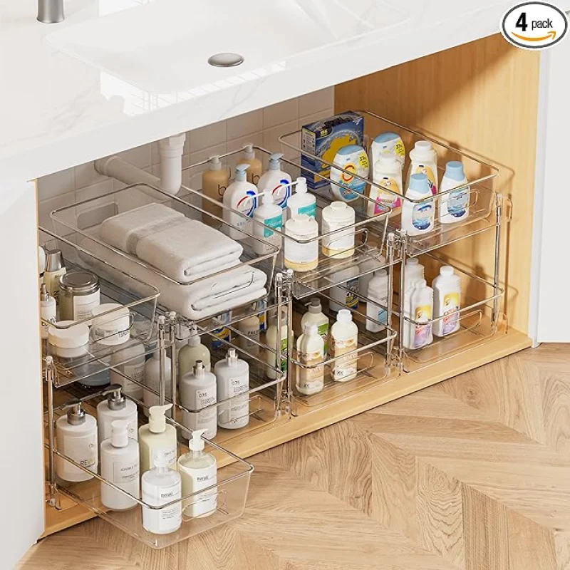 Vtopmart 4 Pack Bathroom Organizer, 2 Tier Clear Under Sink Organizers Vanity Countertop Storage Container,Cabinet Drawers Bins, Pull-Out Organization with Track for Pantry, Kitchen