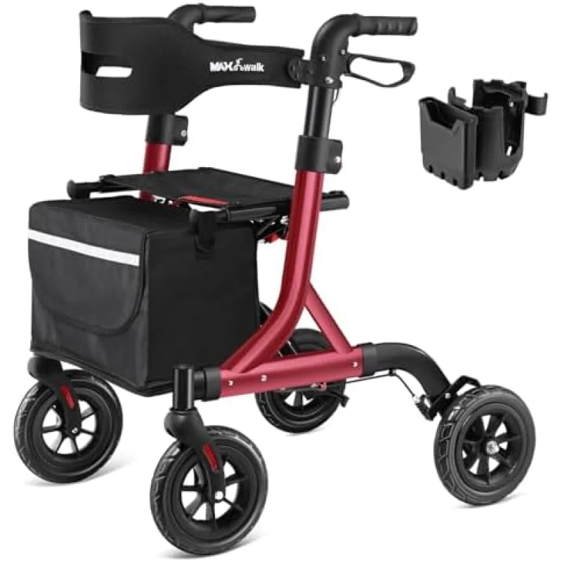 Walkers for Seniors, Rollator Walker with Seat, 8" Rubber Wheels All Terrain Rollator Walker with Backrest, Aluminum Walkers Built-in Cable, Foldable and Adjustable Height for Seniors, Red