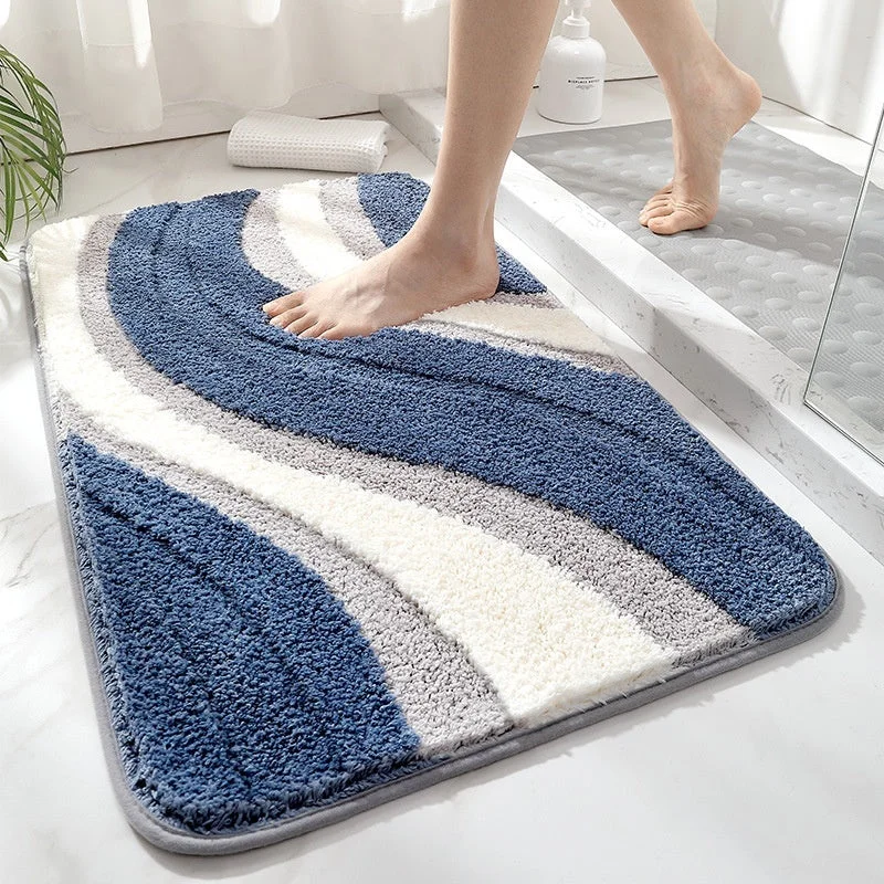 Wave Collection | Non-Slip Bath Mat with Plush Texture | Soft and Safe for Bathroom Comfort Blue