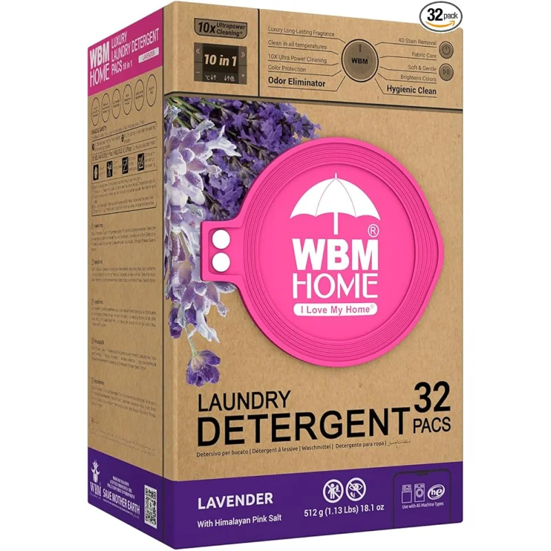 WBM 10-in-1 Laundry Detergent Pods, Fabric Softener with Lavender Extracts, High-Efficiency Laundry Pods with Powerful Stain Lifter Technology - 32 Count Bag
