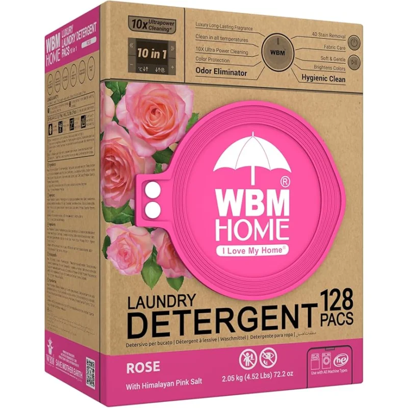 WBM 10-in-1 Laundry Pods, Total 128 Count, High Efficiency, Ultra Concentrate with Powerful Stain Lifter Technology, Fabric Softener With Rose Extracts, Detergent Pods