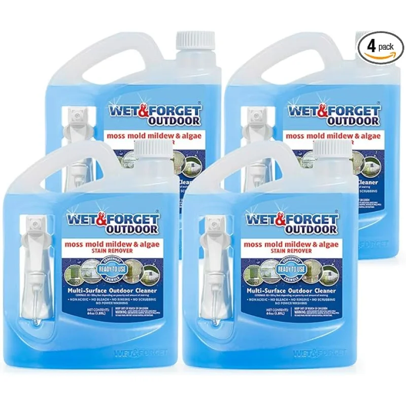 Wet & Forget Outdoor Moss, Mold, Mildew, & Algae Stain Remover Multi-Surface Cleaner, Ready to Use, 64 Fluid Ounces, 4 Pack