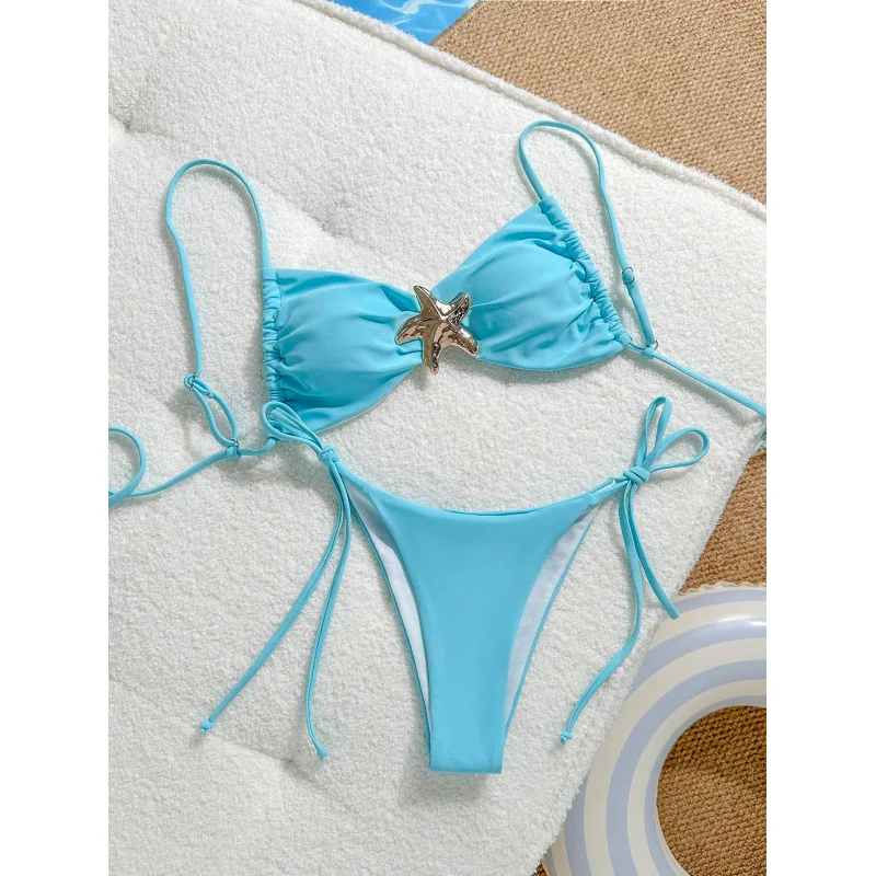 Women's Bikini Sets Two Piece Metal Swimsuits V Neck Lace Up Bathing Suits Sexy Wide Strap Tie Back Swimwear Blue