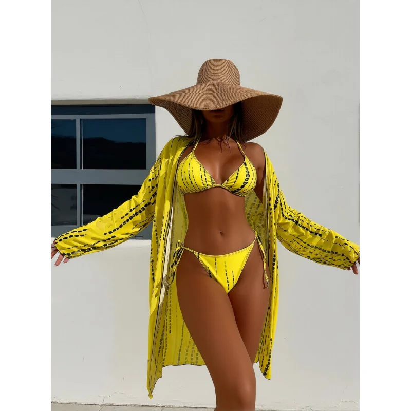 Women's Sexy Swimsuit 3 Piece Thong Bikini Set Triangle Halter Bathing Suit Sheer Mesh Beach Cover Up Maxi Dress Yellow