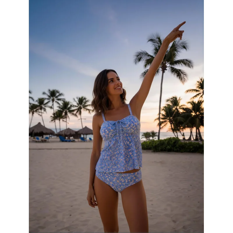 Women's Tankini Sets Two Piece Swimsuit Scoop Neck Ruched Adjustable Straps Drawstring Mid Rise Blue