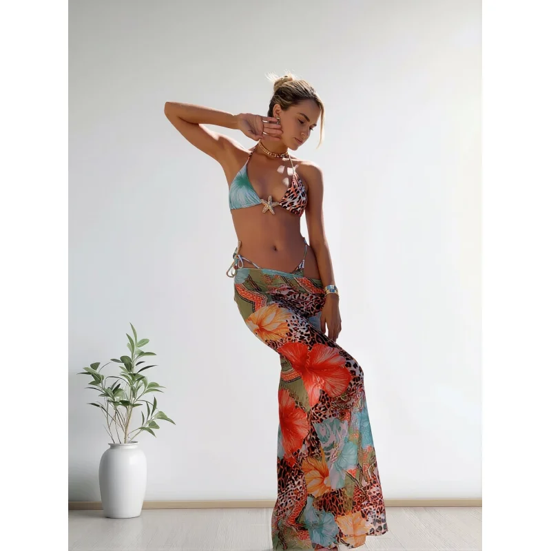 Womens 3pcs Swimsuit Floral Halter Triangle Bikini Top Tie Side Bottom with Long Sheer Cover Up Skirt Floral