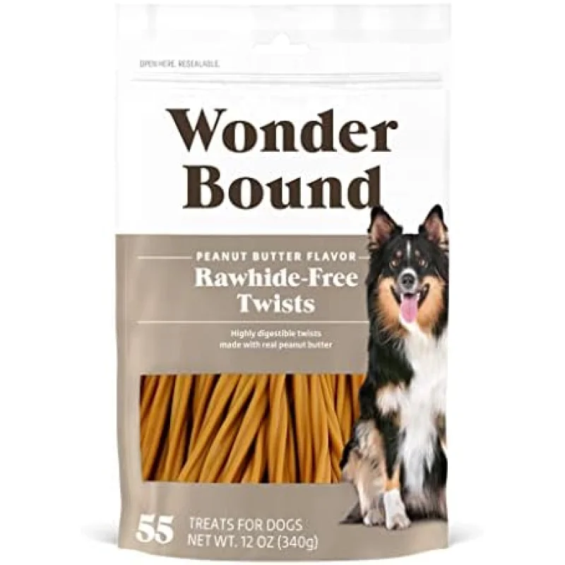Wonder Bound Peanut Butter Flavor Dog Twist Sticks - 55 Count - Rawhide-Free Dog Treats, Dental Health Chews for Plaque & Tartar Control, Easy to Digest, Long-Lasting