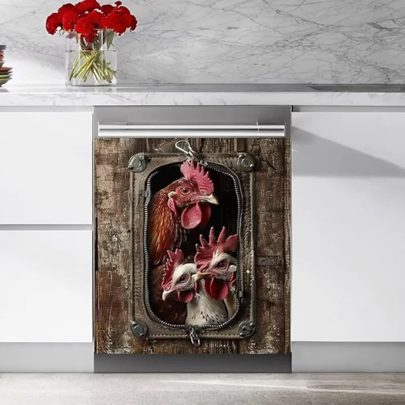 Wood Board and Rooster Wallpaper Dishwasher Magnet Cover,Fridge,Refrigerator Magnetic Panel Decals,Home Appliances Cabinet Magnets Sticker 23W x 17H inchs