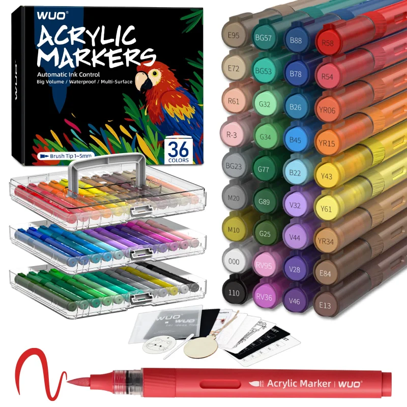 WUO 36 Colors Acrylic Paint Markers, Water-Based No-Bleed Markers, Automatic Ink Control Brush Tip for Multi-Surface Acrylic Paint Pens for Rock Painting, Wood, Canvas, Glass, DIY Art