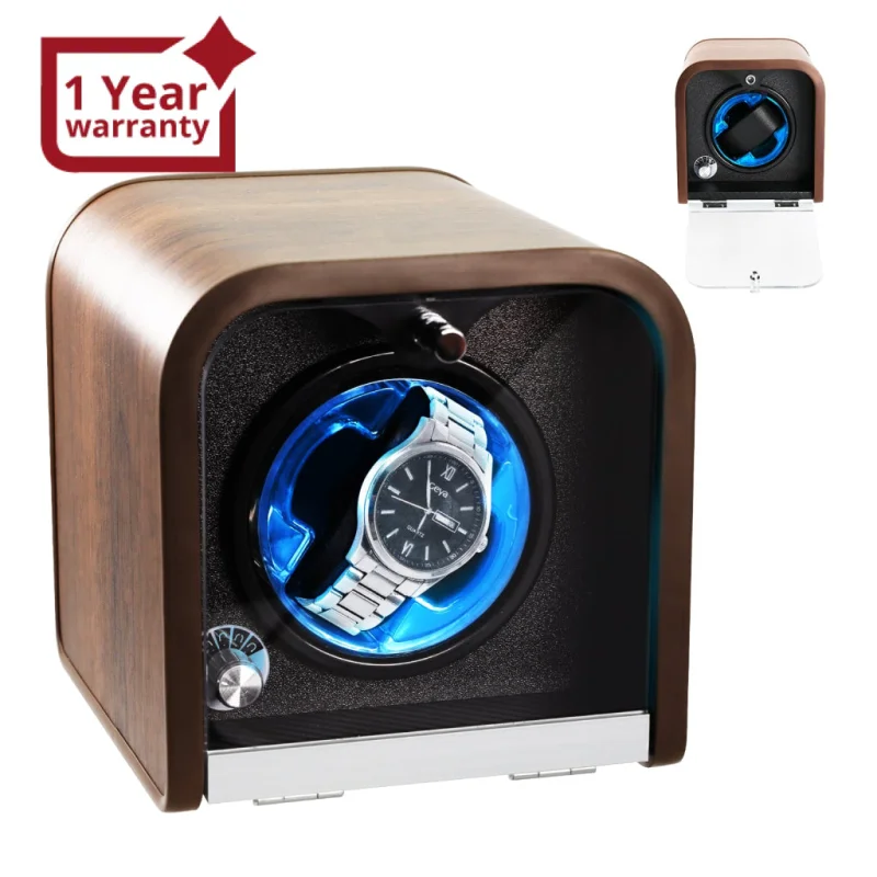 WWR-531 Automatic Watch Winder, Single Watch Winderwith 4 Rotation Modes/ Blue LED Light/ Smart Stop Technology/ Foam Pad Quiet Motor Wooden Display Case for Automatic Watches